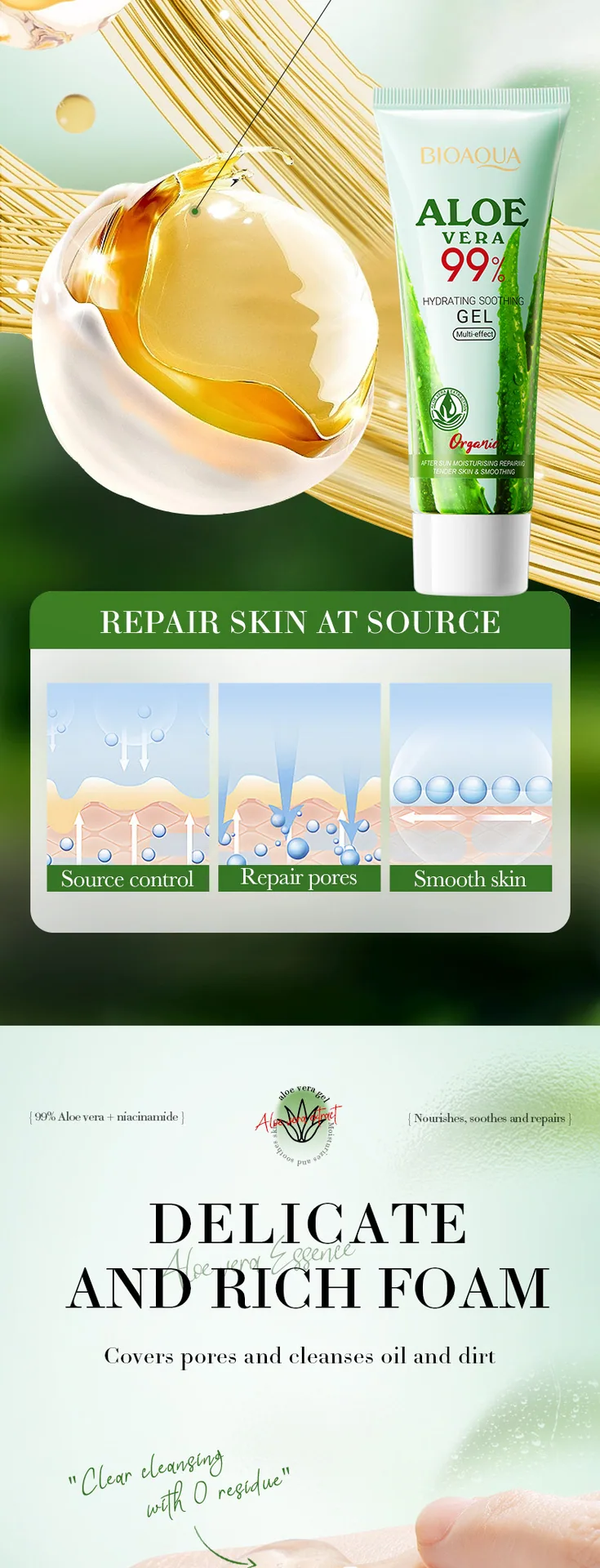 BIOAOUA Aloe Vera Gel рӯ Apply саҳнаи тоза ва ғайримустақил фаромарзӣ яклухт нигоҳубини рӯ Намоиши