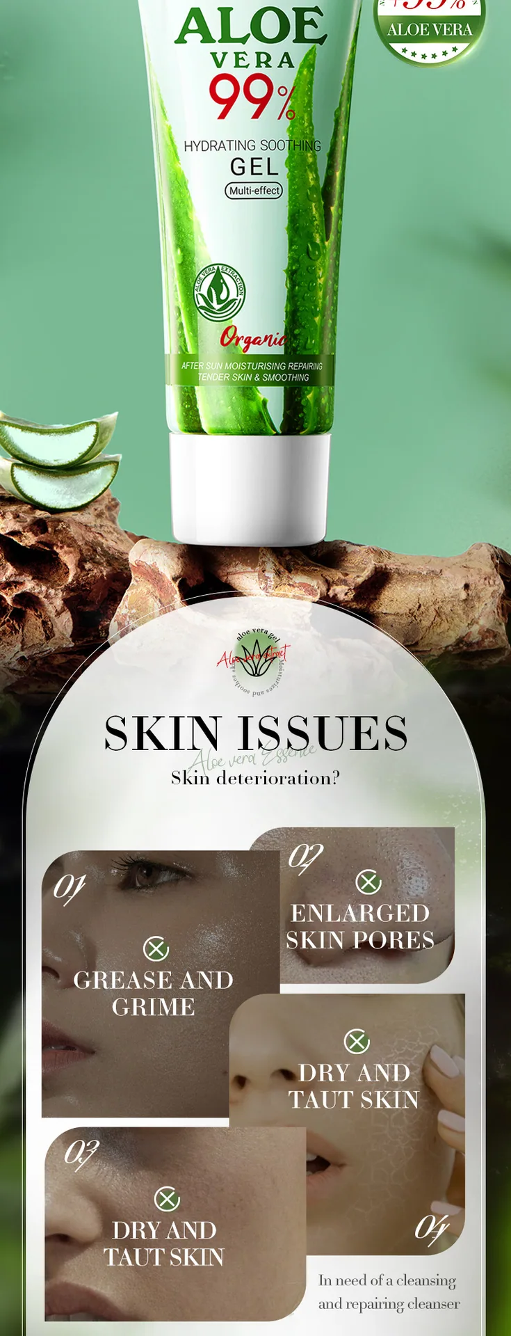 BIOAOUA Aloe Vera Gel Таъсири муқоиса Пеш аз истифода ва пас аз истифода Brightening пӯст Moisturizer ором яклухт