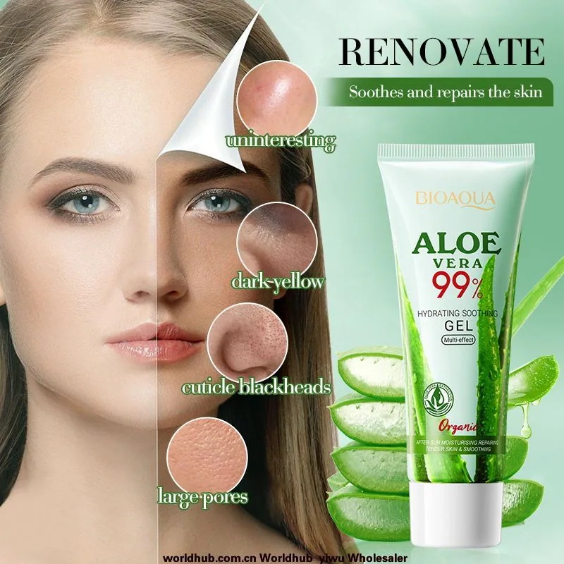 BIOAOUA Aloe Vera Gel Тафсилоти бастабандӣ Барномаи бадани шишаи наздик Оромкунанда намкунанда пӯст яклухт нигоҳубини рӯ