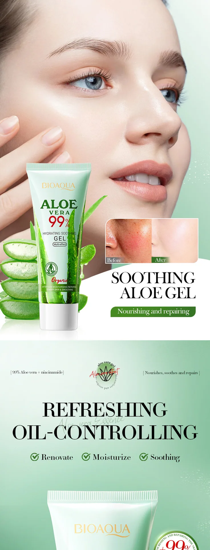 BIOAOUA Aloe Vera Gel Намоиши компонентҳо Истироҷоти Aloe Vera табиӣ ором намкунанда равшан яклухт