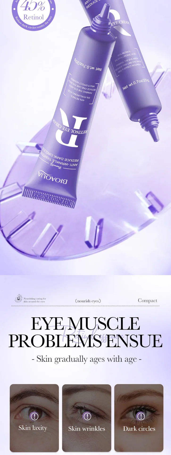 BIOAOUA Retinol Firming and Nourishing Eye Cream Details Close up, Moisturizing Eye Care, Wholesale Source for Cross border E