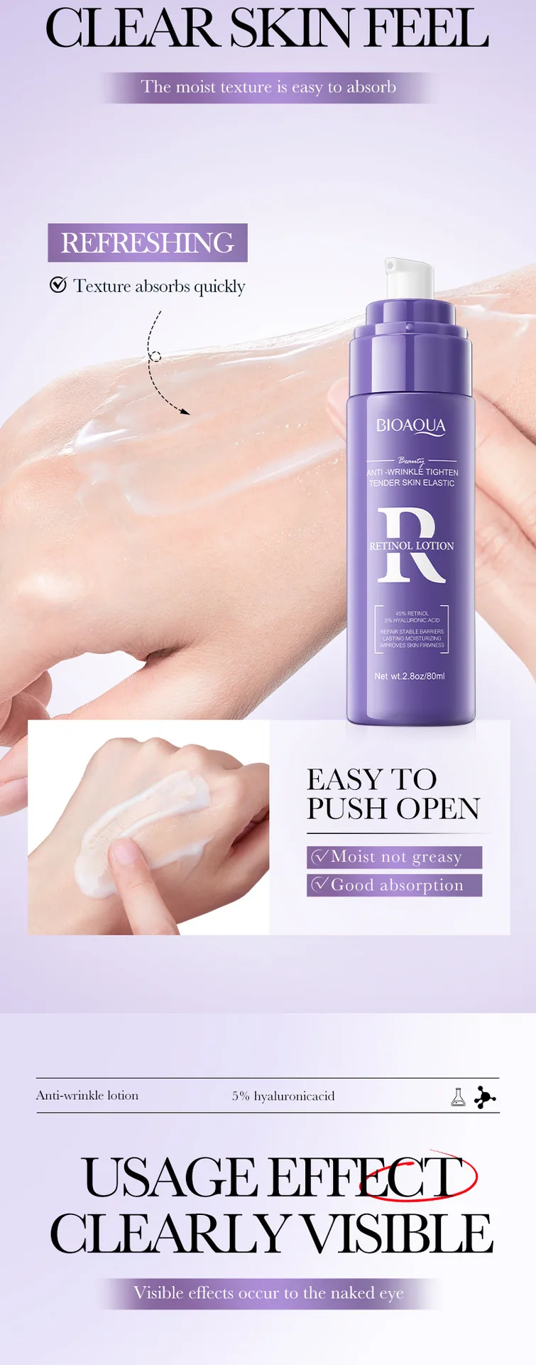 BIOAOUA Retinol Anti Wrinkle lotion Bottle Mouth Pump Head Details Cross border Wholesale Skin Care Products