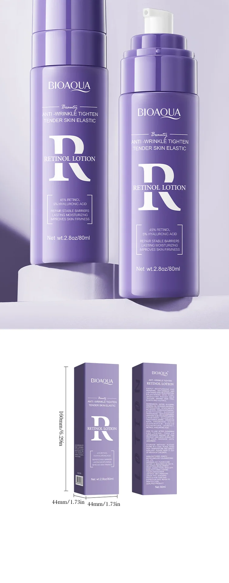 BIOAOUA Retinol Firming lotion Size and Capacity Label Foreign Trade Wholesale Specification Display