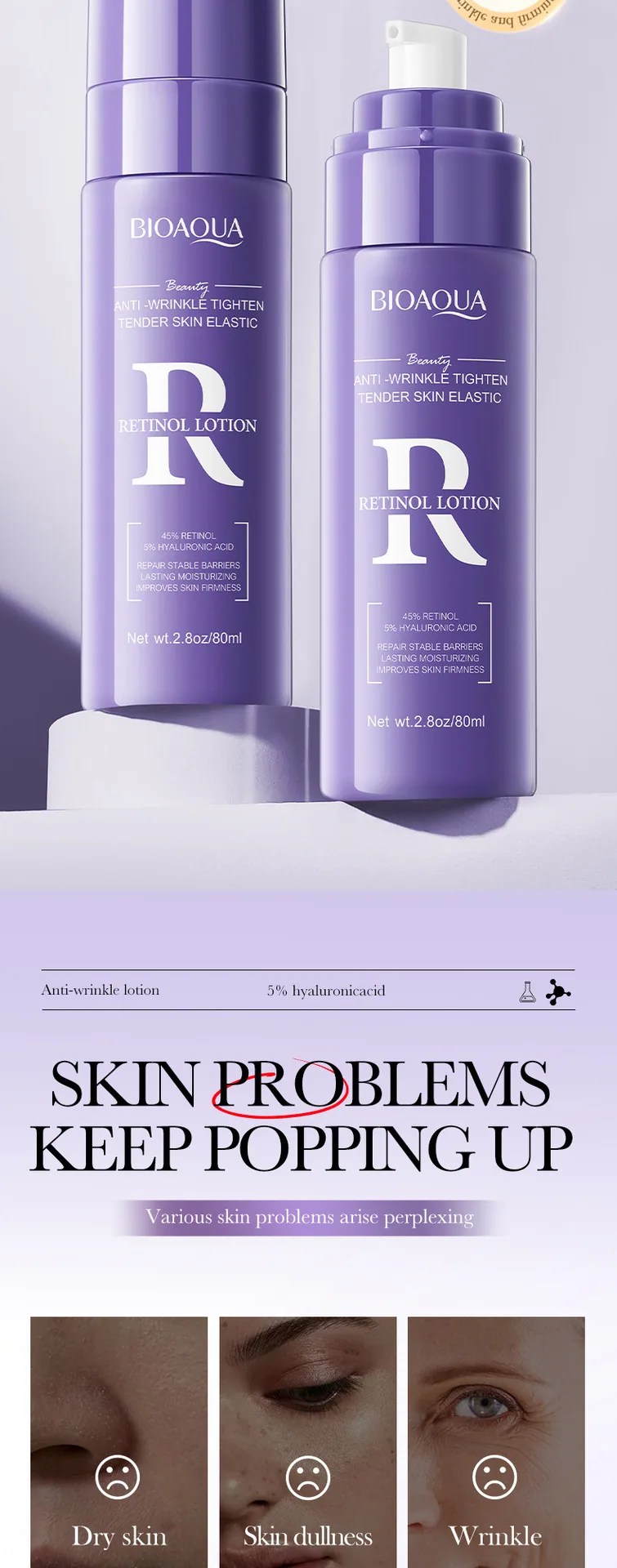 BIOAOUA Retinol lotion Dimension and Capacity Marking Diagram with Clear Specifications Wholesale for Foreign Trade