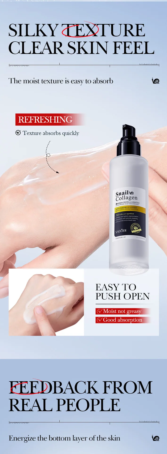 SADOER Snail Collagen Anti Wrinkle lotion Bottle Body Appearance Multi angle Display, Face Moisturizing Emulsion Cross border