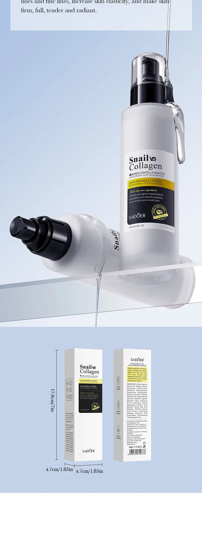 SADOER Snail Collagen Anti Wrinkle Water Milk Ingredient Selling Point Display, Collagen and Snail Mucus Extract Skincare Eff