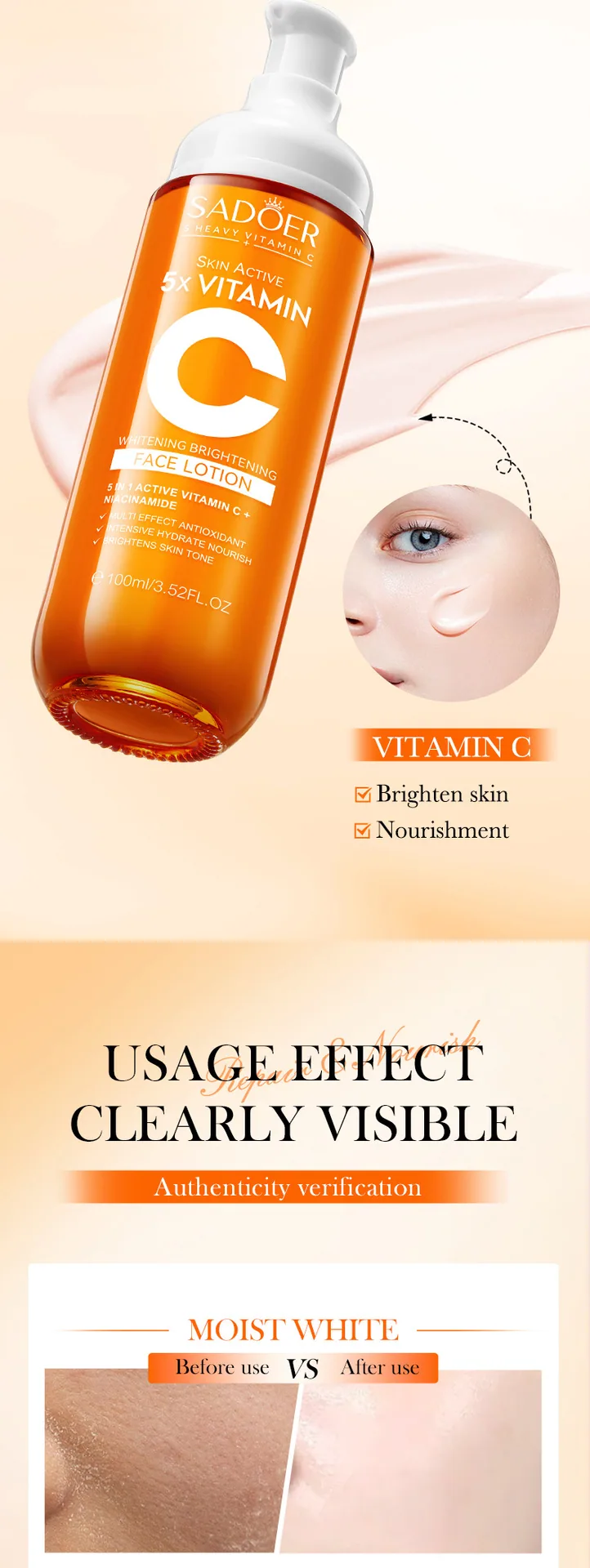 A close-up of the composition process of SADOER's five vitamin C lotion, and the details of vitamin C whitening and firming f
