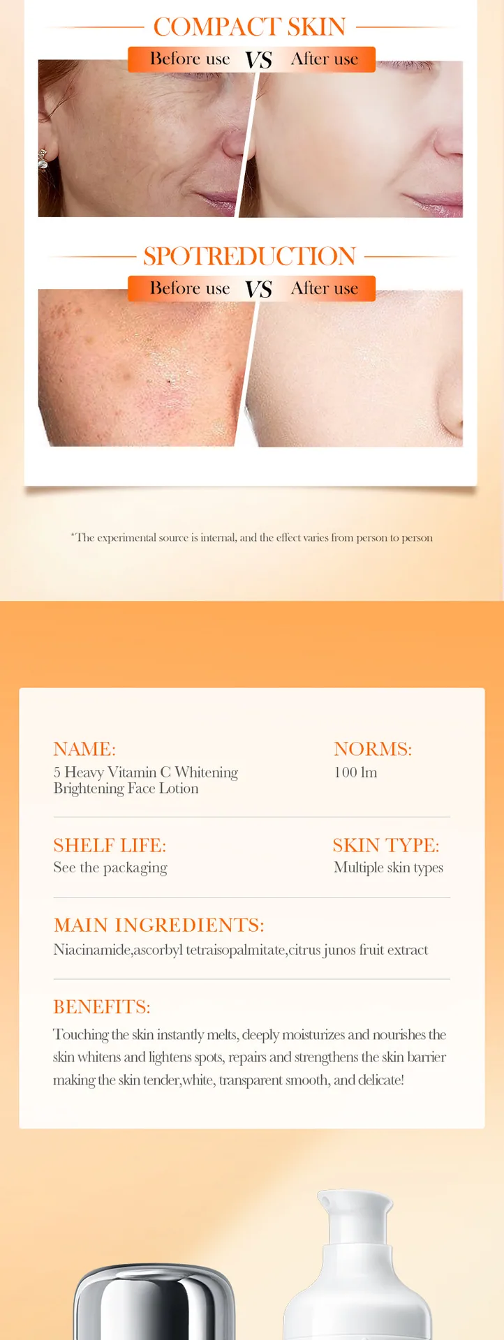 SADOER five VC whitening lotion ingredient selling point details, five vitamin C formula, compact moisturizing wholesale