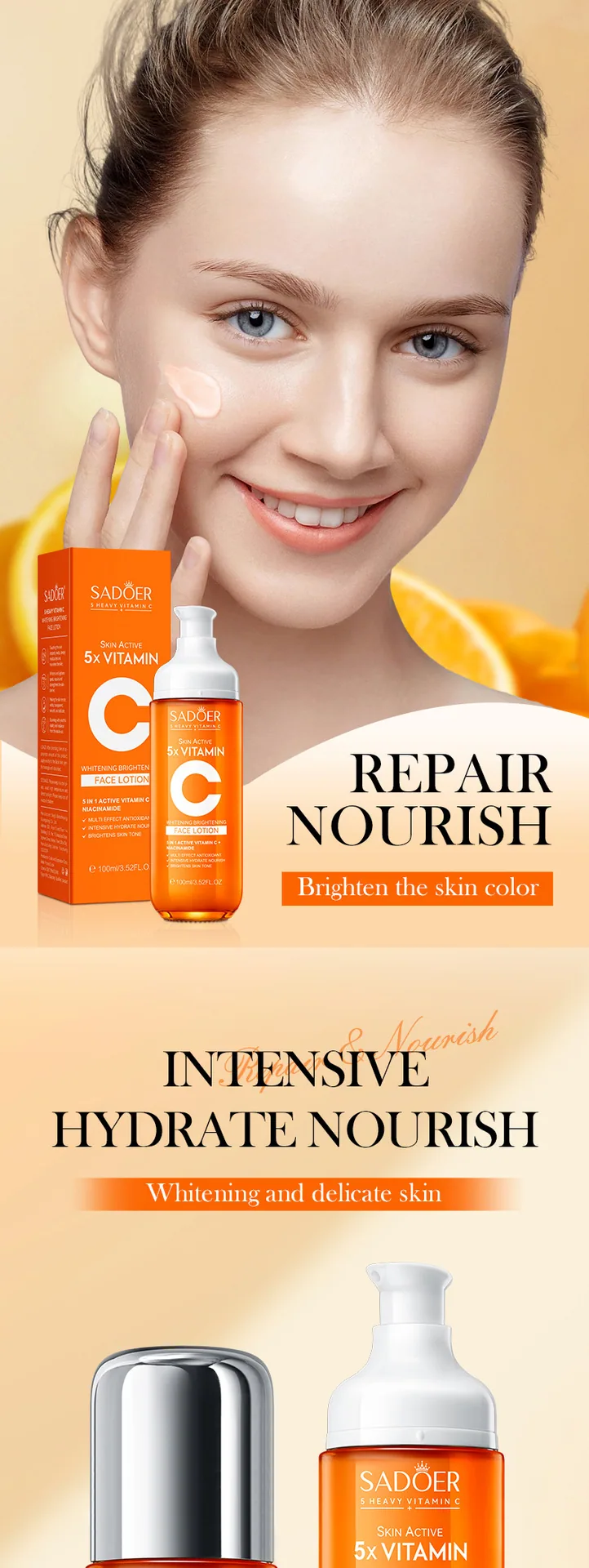 Use scene display of SADOER five vitamin C lotion, facial and body care, whitening, firming and moisturizing