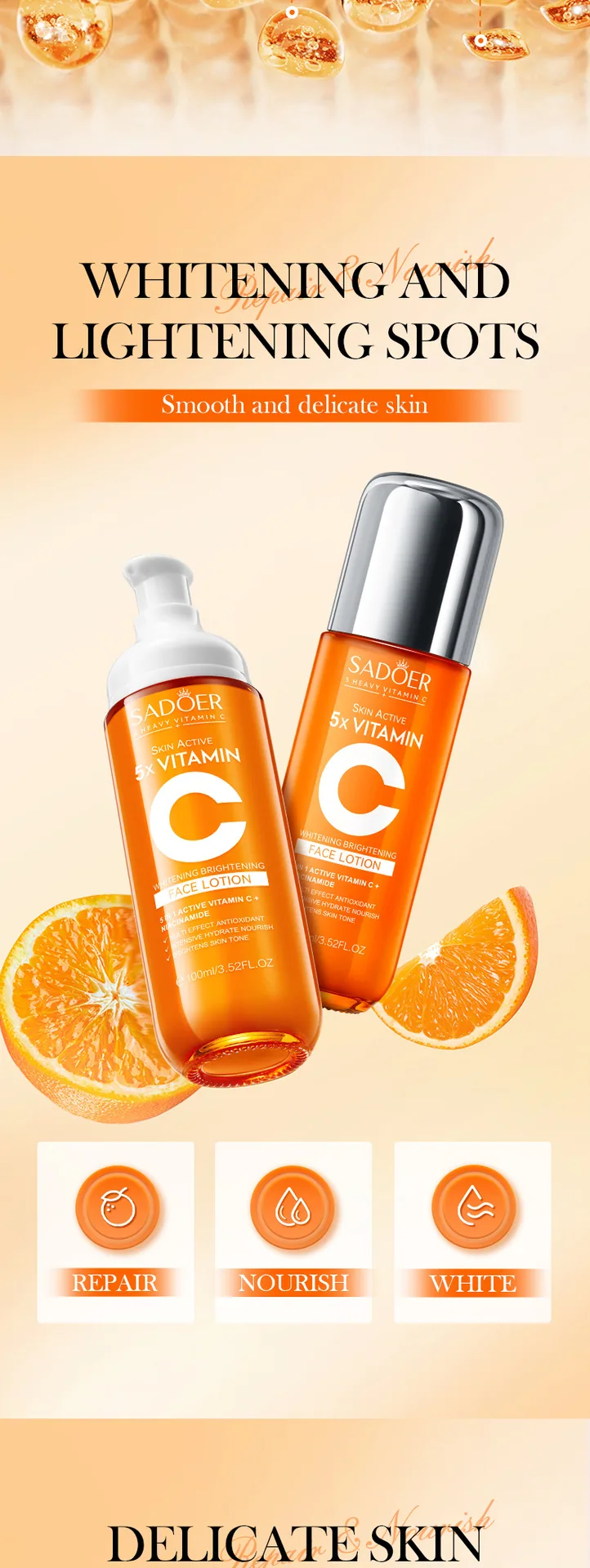 Detailed close-up of SADOER five dimension C whitening, firming and moisturizing lotion, showing lightweight texture and bott