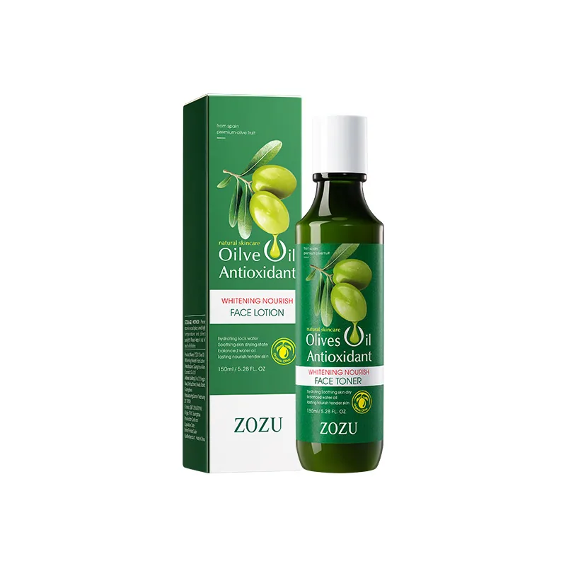Close up of ZOZU olive oil lotion bottle, display of whitening and nourishing formula details, and wholesale of skin brighten