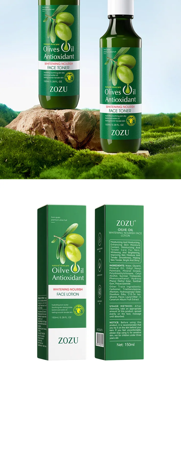 Use scenario display of ZOZU olive oil lotion, daily skin care, nourishing and brightening steps, cross-border e-commerce who