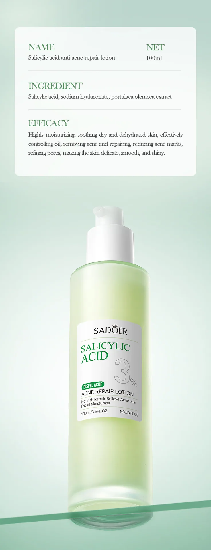 Detailed close-up of SADOER Salicylic Acid Anti acne Repair essence, moisturizing and refreshing lotion texture display