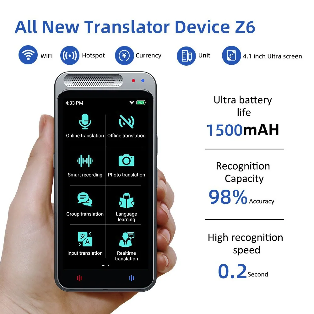 مقبول Z6 ذہین صوتی مترجم، بیک وقت تشریح، تصویری ترجمہ، اور وائس مترجم نئے کراس