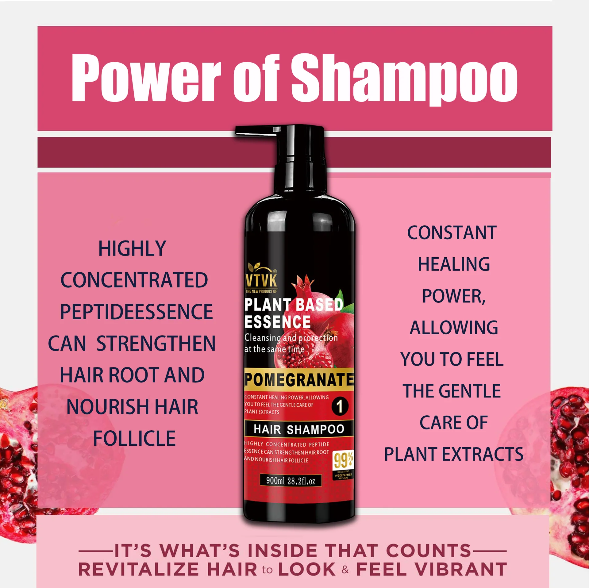 Vtvk plant-based pomegranate shampoo 900ml bottle texture and sulfate-free essence gel close-up
