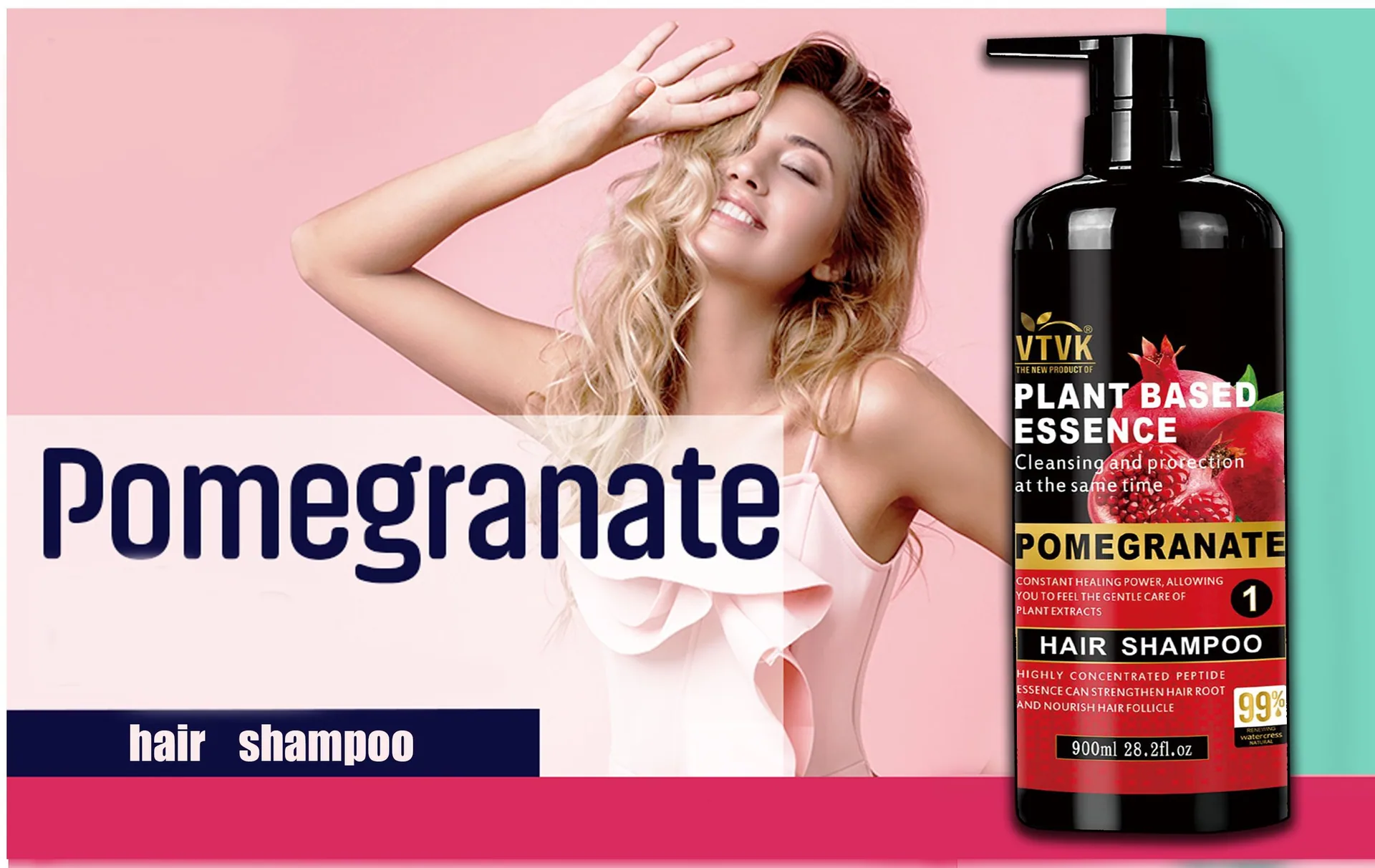 Close-up of Vtvk pomegranate shampoo bottle cap and pump, plant-based sulfate-free detail