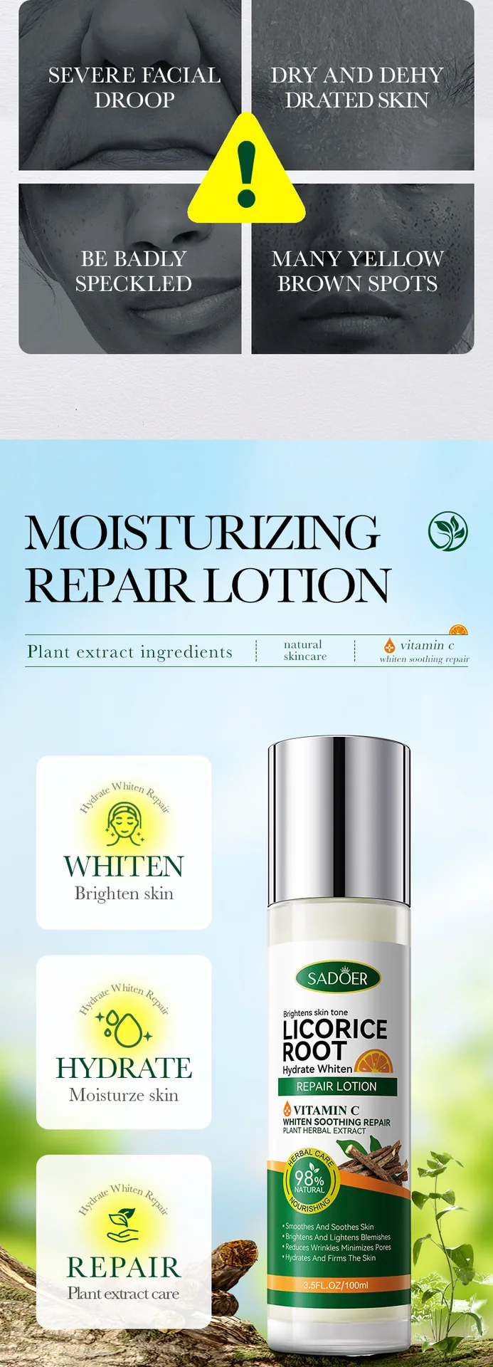 Featuring the ingredients of SADOER licorice VC milk emulsion facial mask, showing the efficacy of licorice VC in moisturizin