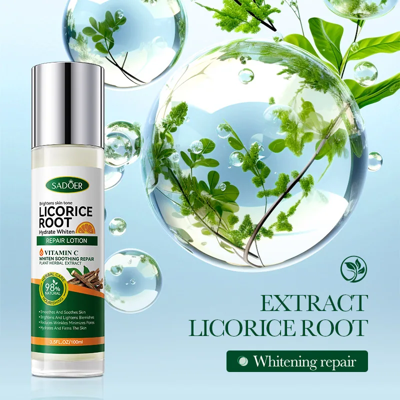 A close-up of the ingredients of SADOER licorice VC skin brightening lotion facial mask, highlighting the whitening and nouri