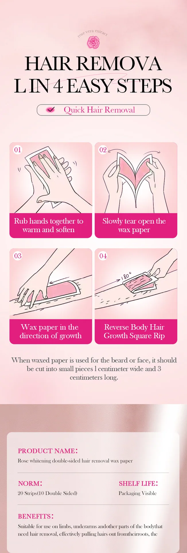 SADOER Rose Double sided Wax Paper Ingredients Description, Whitening and Cleaning Underarm and Leg Hair Removal Cross border