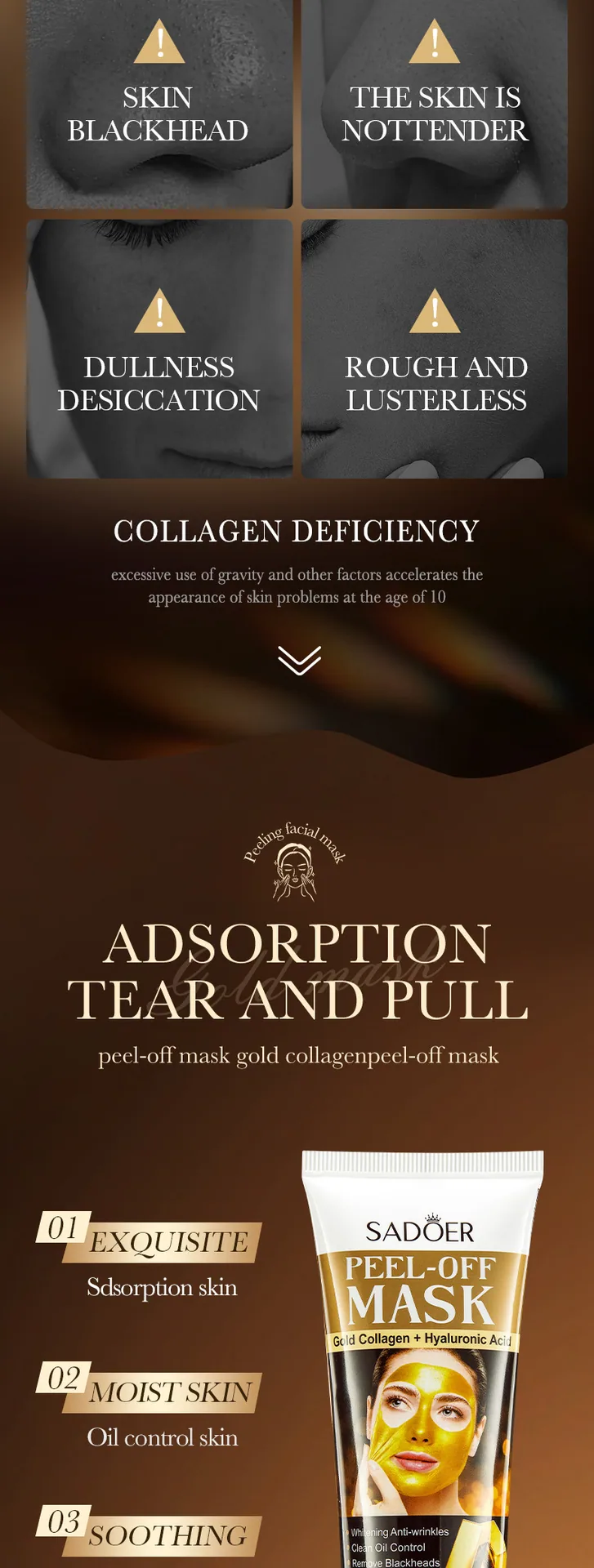 SADOER peel-off mask gold tube craftsmanship details, metallic textured sealed packaging.