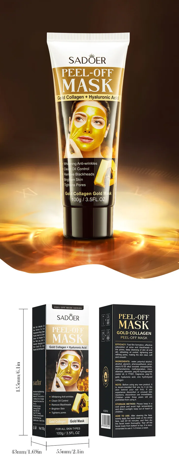 SADOER Gold Collagen Peel-Off Mask effect comparison chart, showing the change in blackhead adsorption and cleansing before a