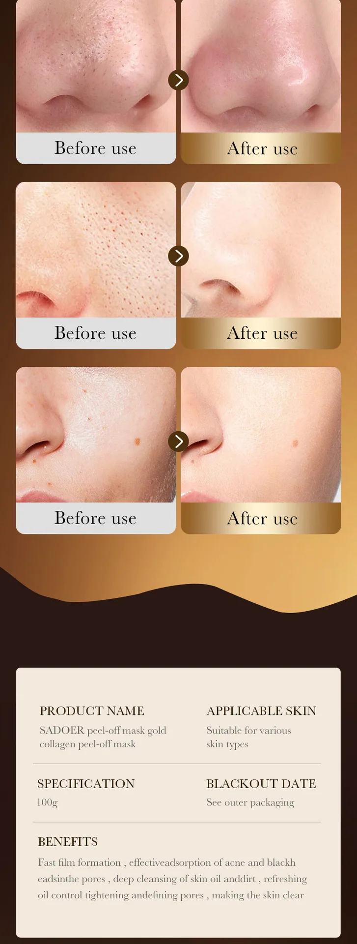 SADOER Gold Collagen Peel-Off Mask usage scene image, facial fit display, adsorbs blackheads and cleans pores.