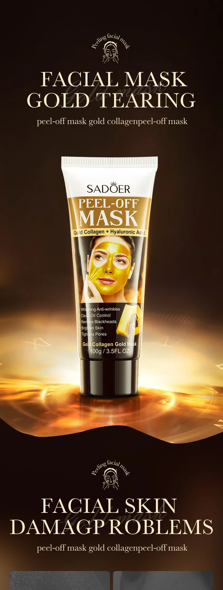 SADOER Gold Collagen Mask usage scenario image, at-home facial care to remove blackheads.