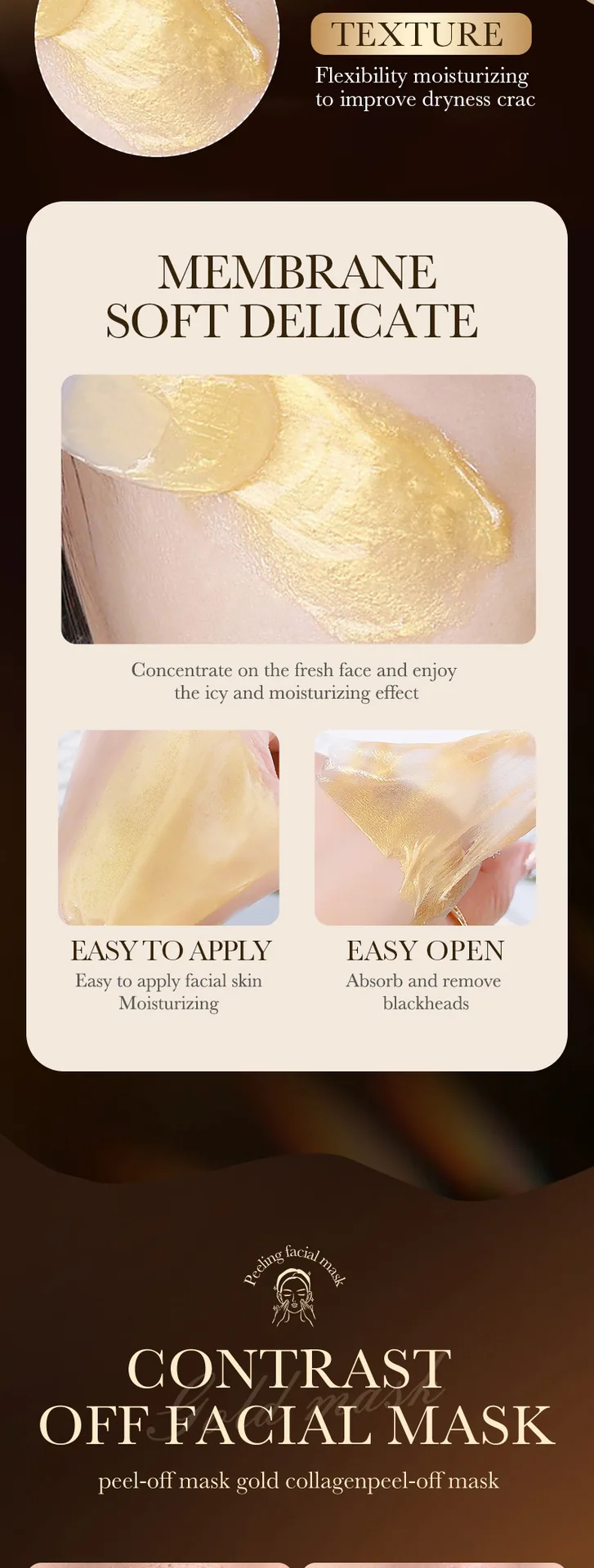 SADOER Gold Collagen Blackhead Remover Peel-Off Mask close-up details, cream texture display, cleanses and absorbs pore dirt.
