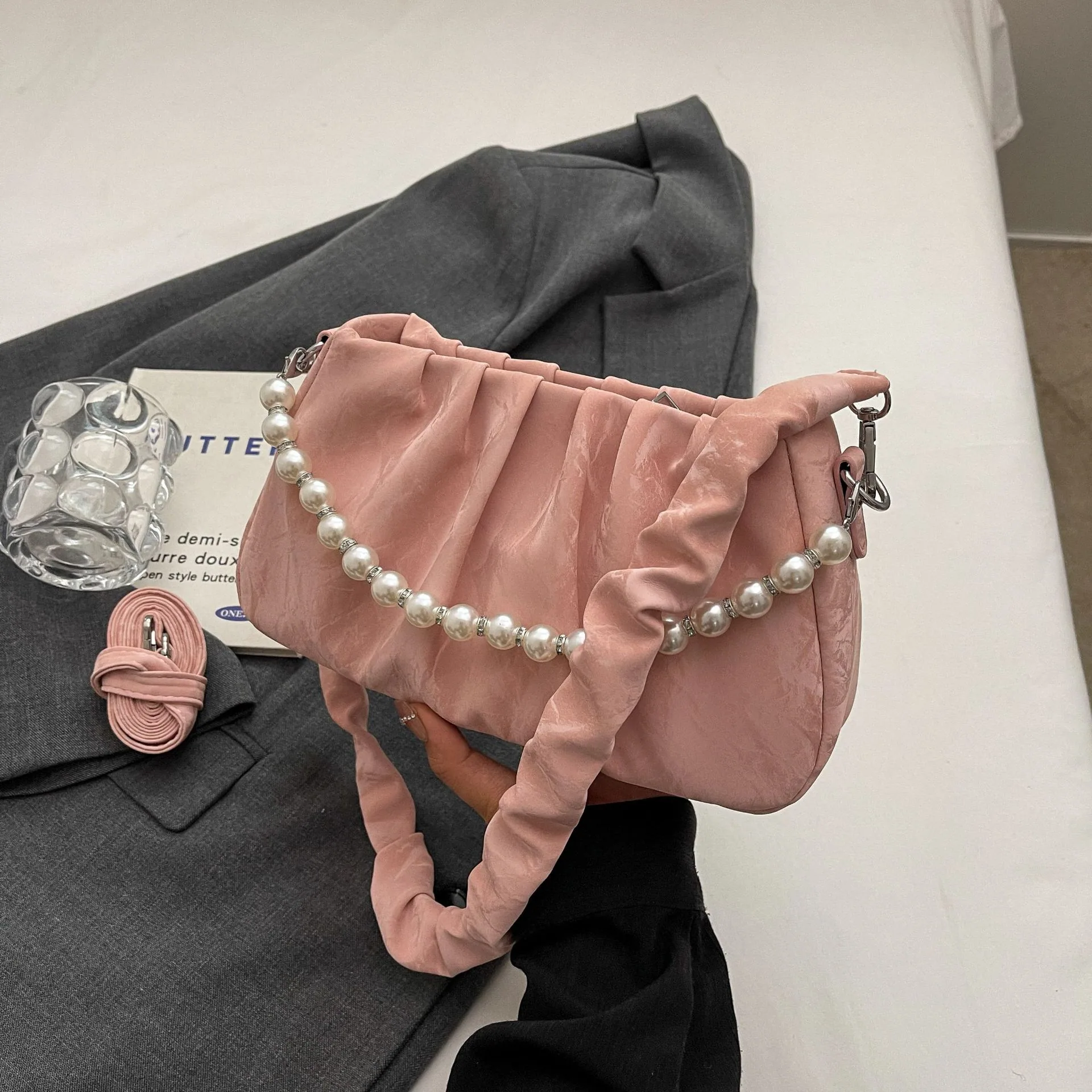 Womens Bag: Fall/Winter 2024 Fashion, Pearl Chain Bag, Pleated Bag, Armpit Bag, Premium Frosted Small Fragrance Shoulder Bag 3