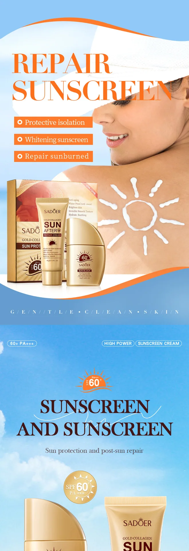 SADOER Gold Collagen Sunscreen Set Side Display Full English Instructions Wholesale