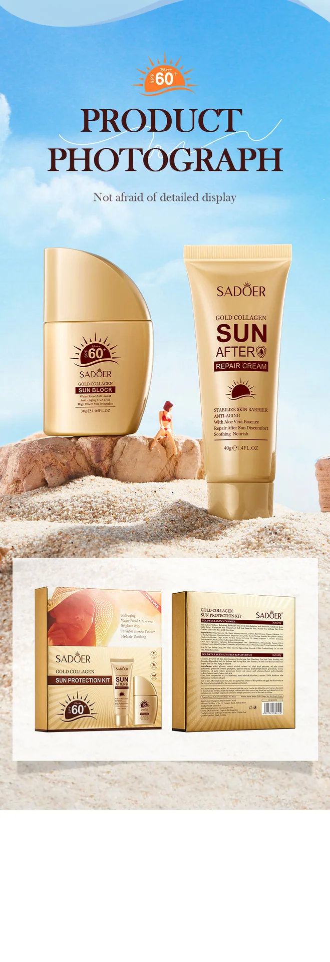 SADOER Gold Collagen Sunscreen Set English Label and Ingredient Description Wholesale dropshipping Specification Display