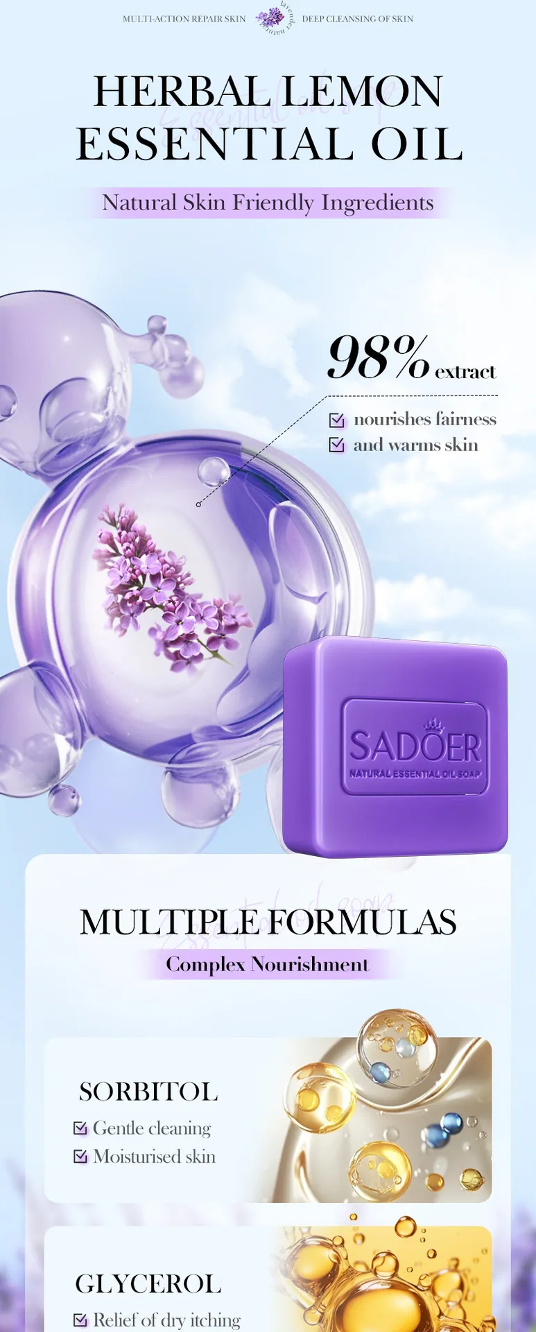 SADOER Lavender minyak pati sabun saiz penandaan carta, jelas menunjukkan spesifikasi sabun tangan satu blok dan berat, memud