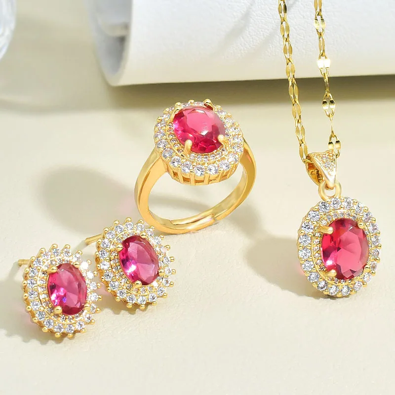 Oval ruby necklace, women's titanium steel non fading jewelry set, simple and niche, light luxury, Mother's Day gift 7