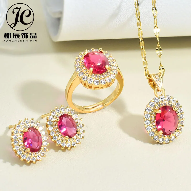 Oval ruby necklace womens titanium steel non-fading jewelry set simple niche light luxury Mothers Day gifts