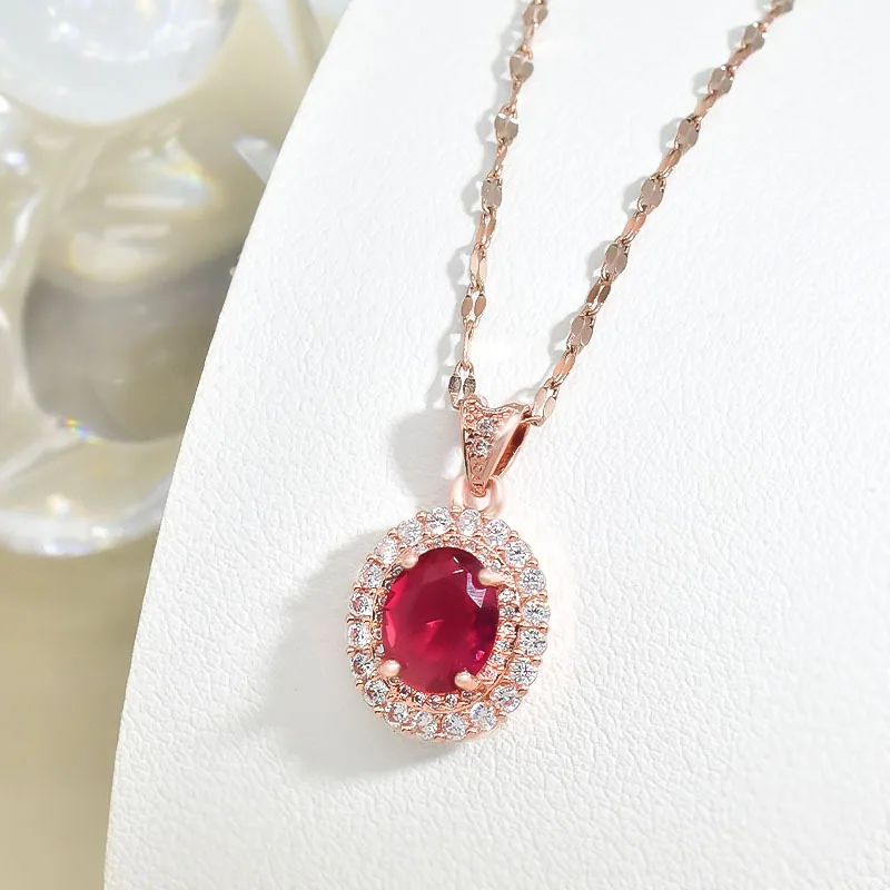 Oval ruby necklace, women's titanium steel non fading jewelry set, simple and niche, light luxury, Mother's Day gift 4