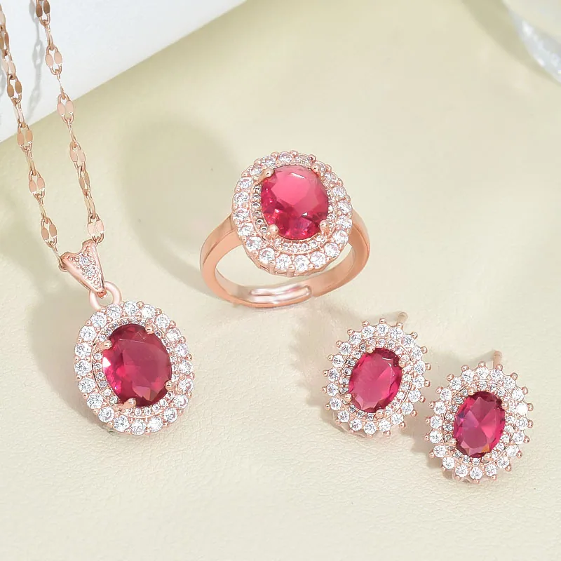 Oval ruby necklace, women's titanium steel non fading jewelry set, simple and niche, light luxury, Mother's Day gift 8