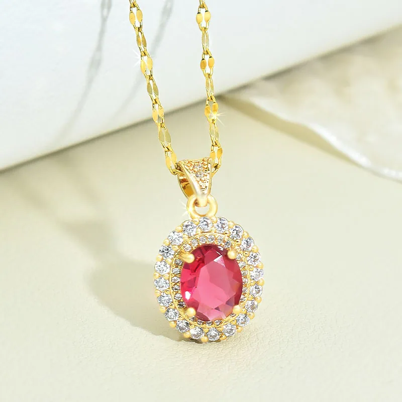 Oval ruby necklace, women's titanium steel non fading jewelry set, simple and niche, light luxury, Mother's Day gift