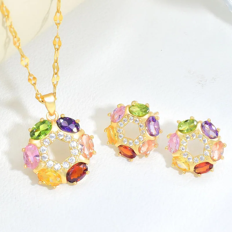 Cross border hot selling geometric necklace for women, exaggerated retro versatile ethnic style inlaid with colorful zirconium h 3