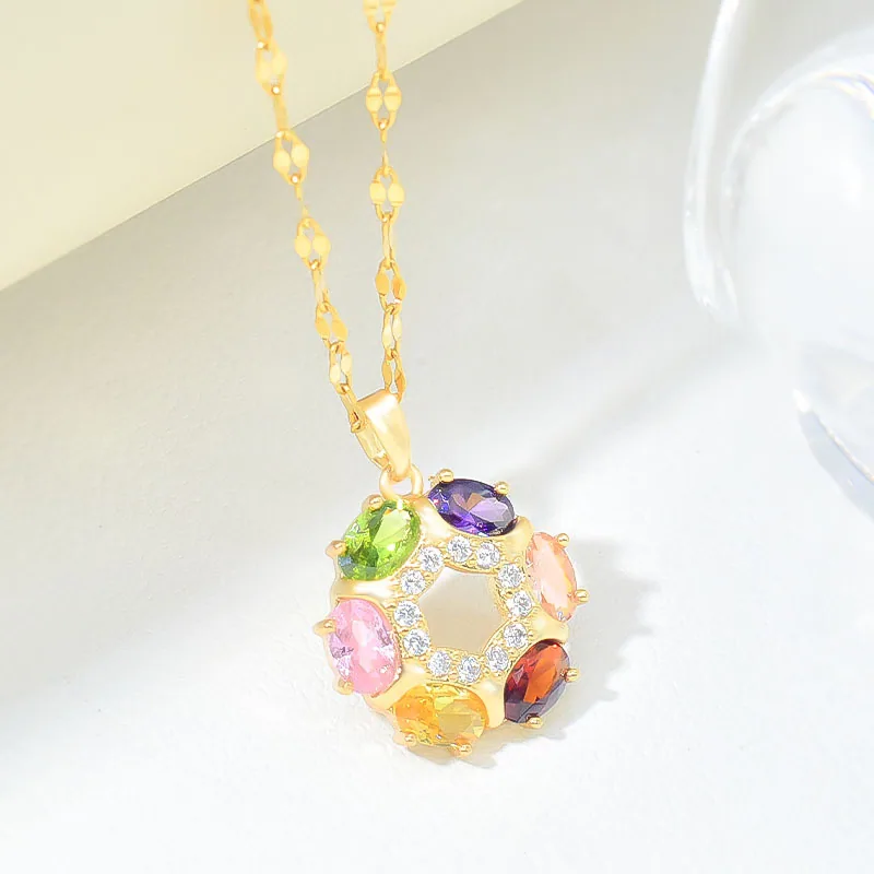 Cross border hot selling geometric necklace for women, exaggerated retro versatile ethnic style inlaid with colorful zirconiu