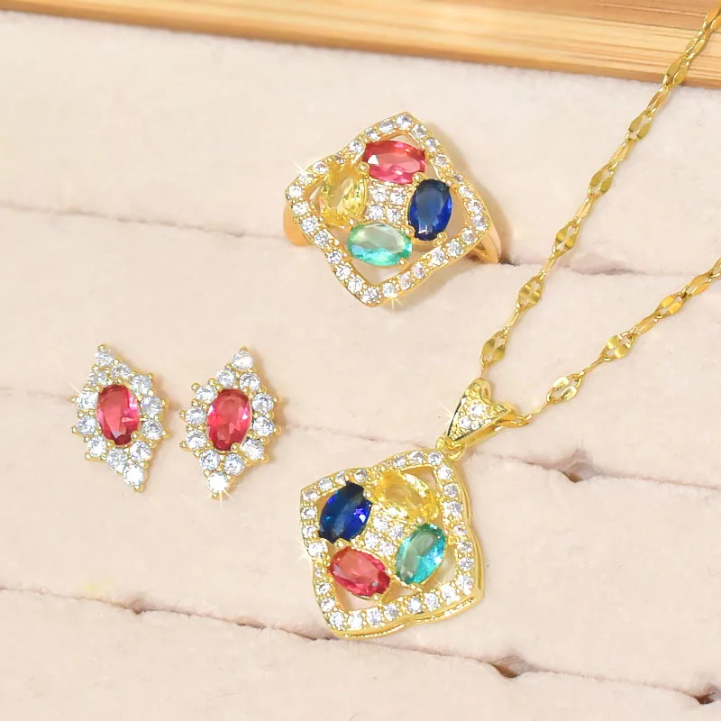 Cross border colored zircon jewelry for womens geometric niche, light luxury, versatile, high-end, titanium steel non fading set 4