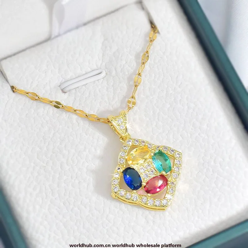 Cross border colored zircon jewelry for womens geometric niche, light luxury, versatile, high-end, titanium steel non fading set