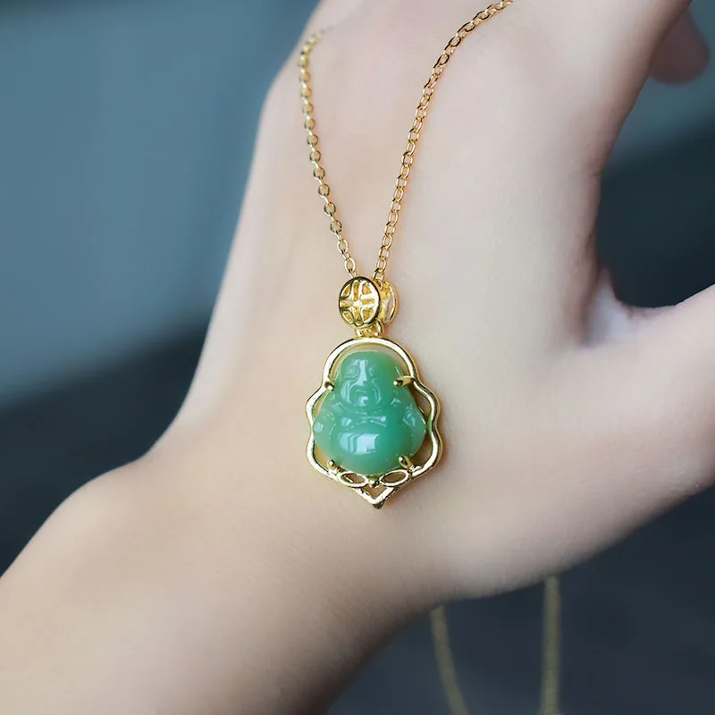 China-Chic Jade Faced Buddha Necklace Versatile High grade Middle ancient style Bodhisattva Maitreya Buddha Ring with adjustable
