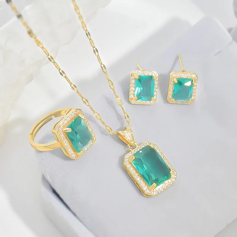 ชุดเครื่องประดับเพทายสีฟ้าทะเลสาบขายร้อนข้ามพรมแดน มีสไตล์และหลากหลาย เหล็กไทเทเนียมไม่จางหาย ของขวัญวันแม่ je 4