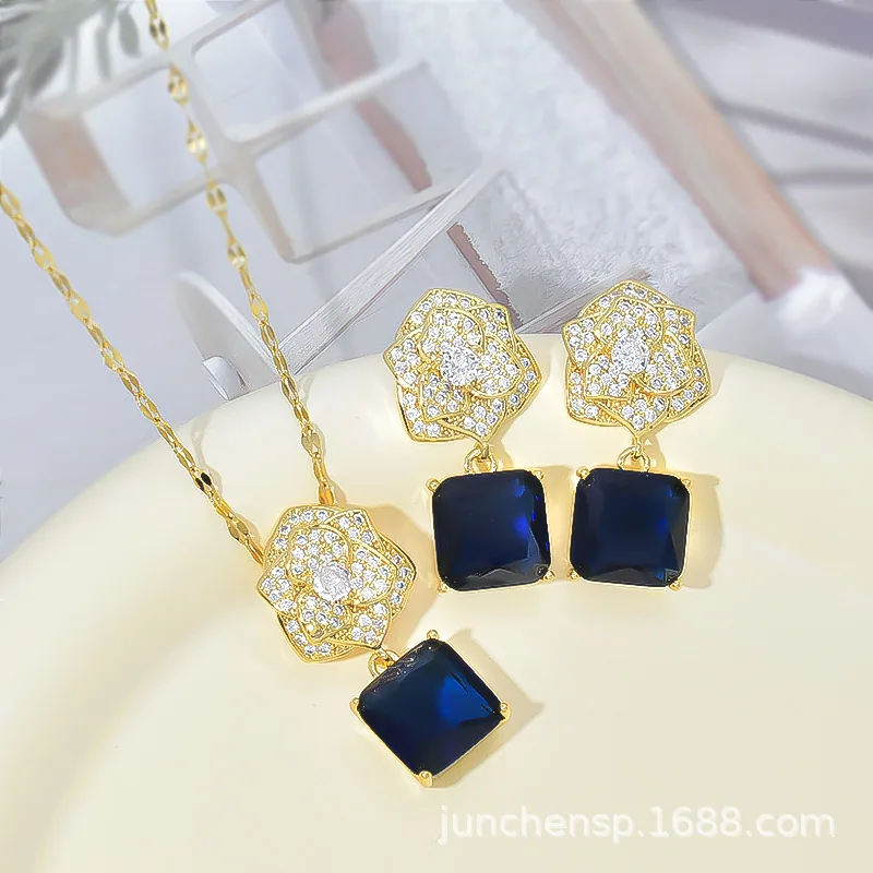 Korean version of light luxury niche design camellia necklace women's retro earrings high-end fashion temperament versatile set 3