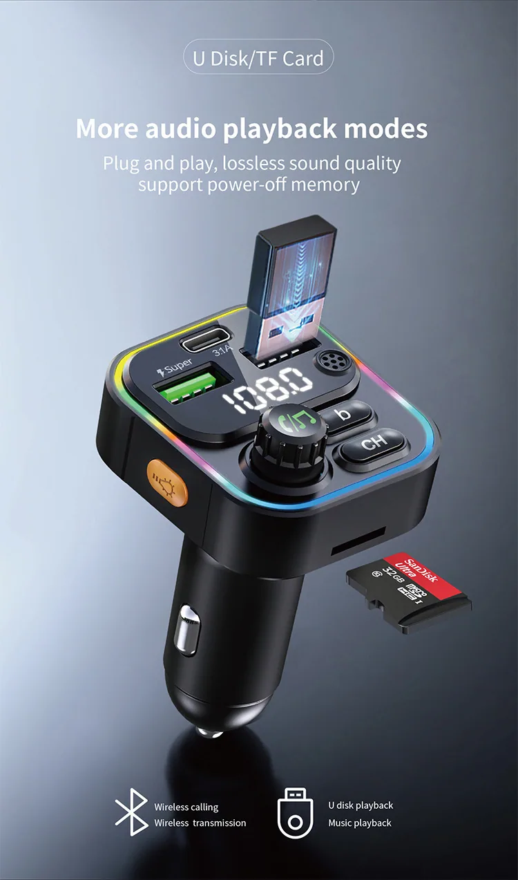 Cross border 22.5w super fast charging bluetooth fm transmitter colorful light dual usb mobile phone qc pd car charger 9