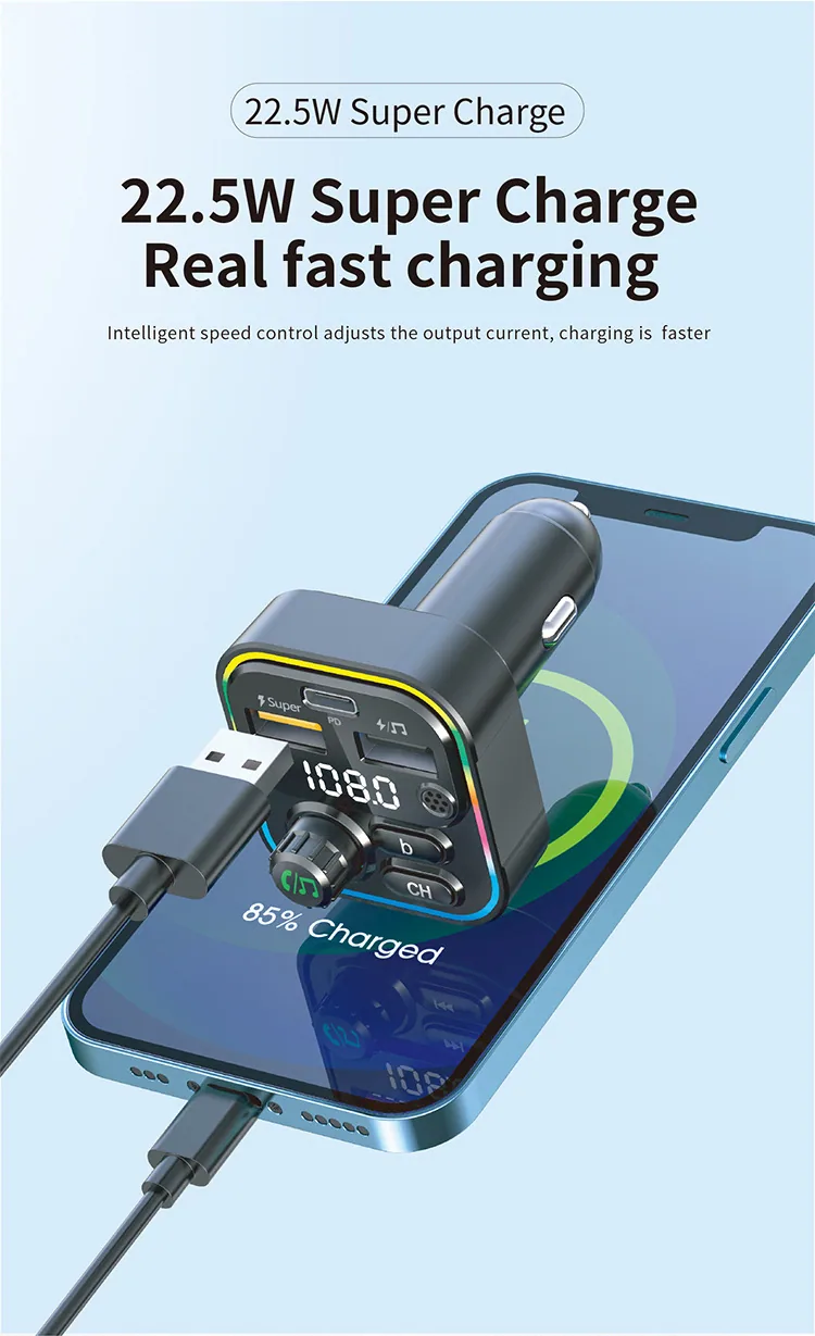 Cross border 22.5w super fast charging bluetooth fm transmitter colorful light dual usb mobile phone qc pd car charger 7