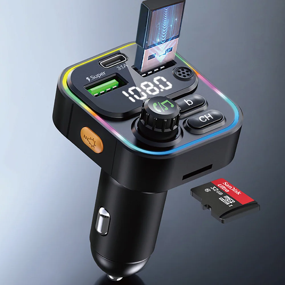 Cross border 22.5w super fast charging bluetooth fm transmitter colorful light dual usb mobile phone qc pd car charger 5