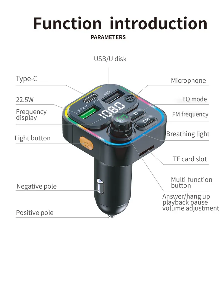 Cross border 22.5w super fast charging bluetooth fm transmitter colorful light dual usb mobile phone qc pd car charger 11