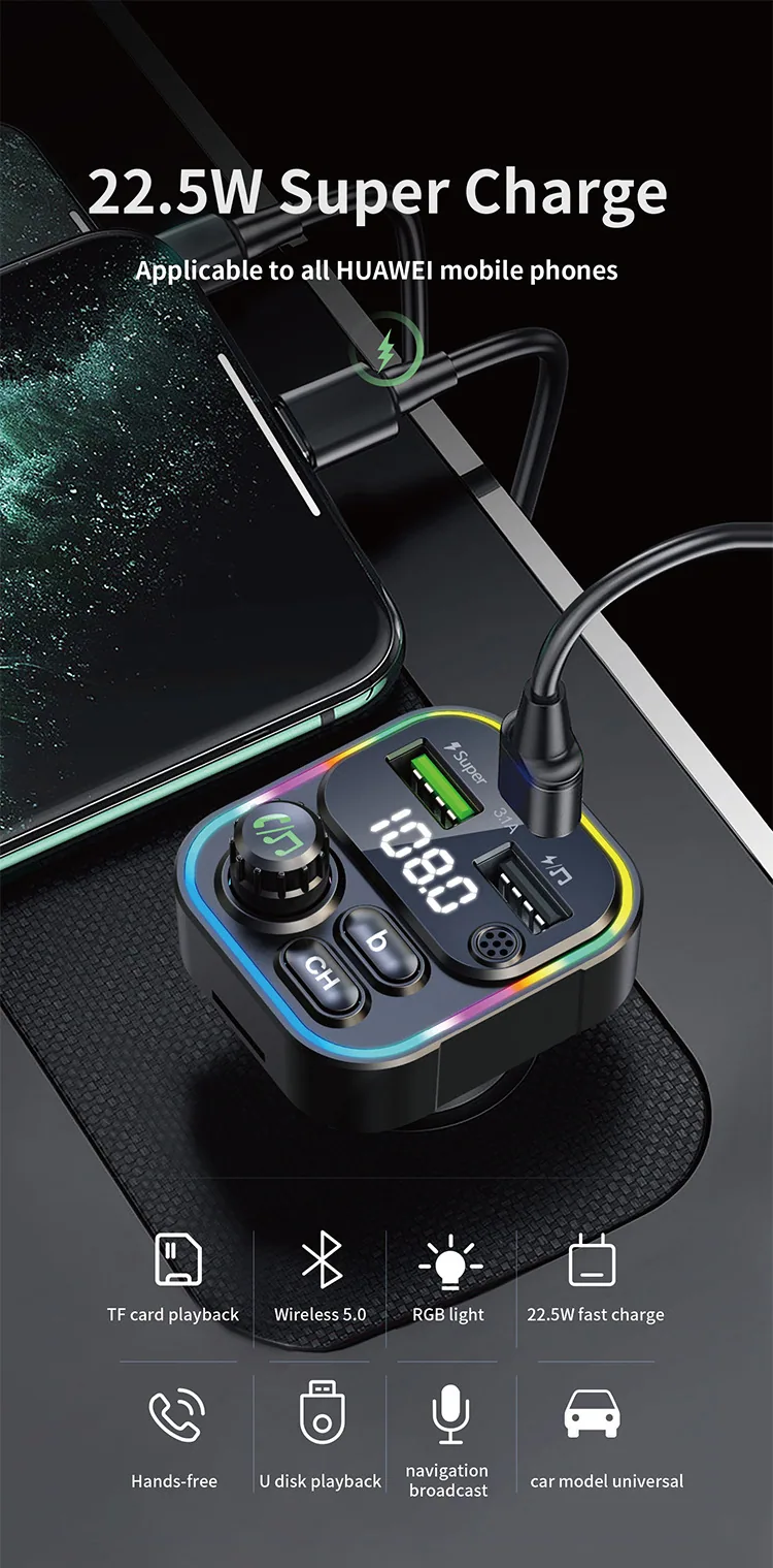 Cross border 22.5w super fast charging bluetooth fm transmitter colorful light dual usb mobile phone qc pd car charger 10