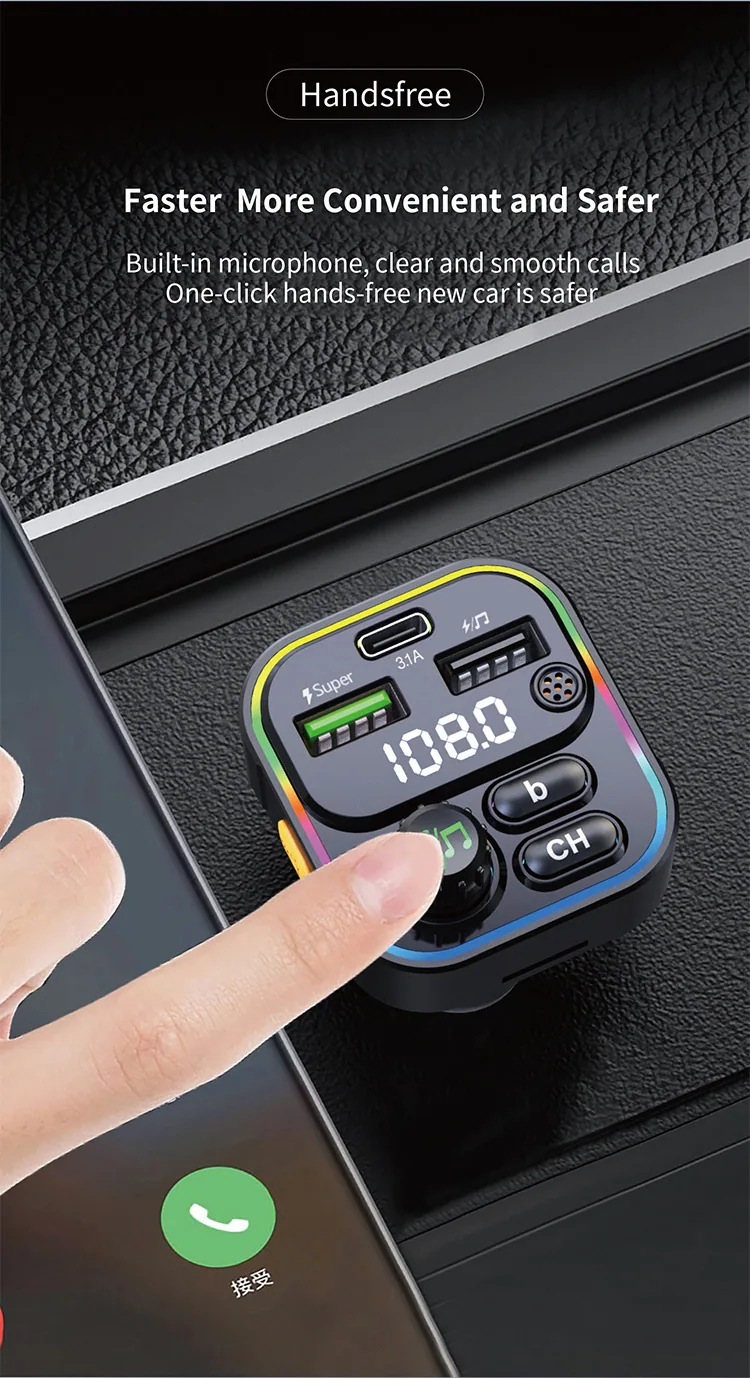 Cross border 22.5w super fast charging bluetooth fm transmitter colorful light dual usb mobile phone qc pd car charger 15